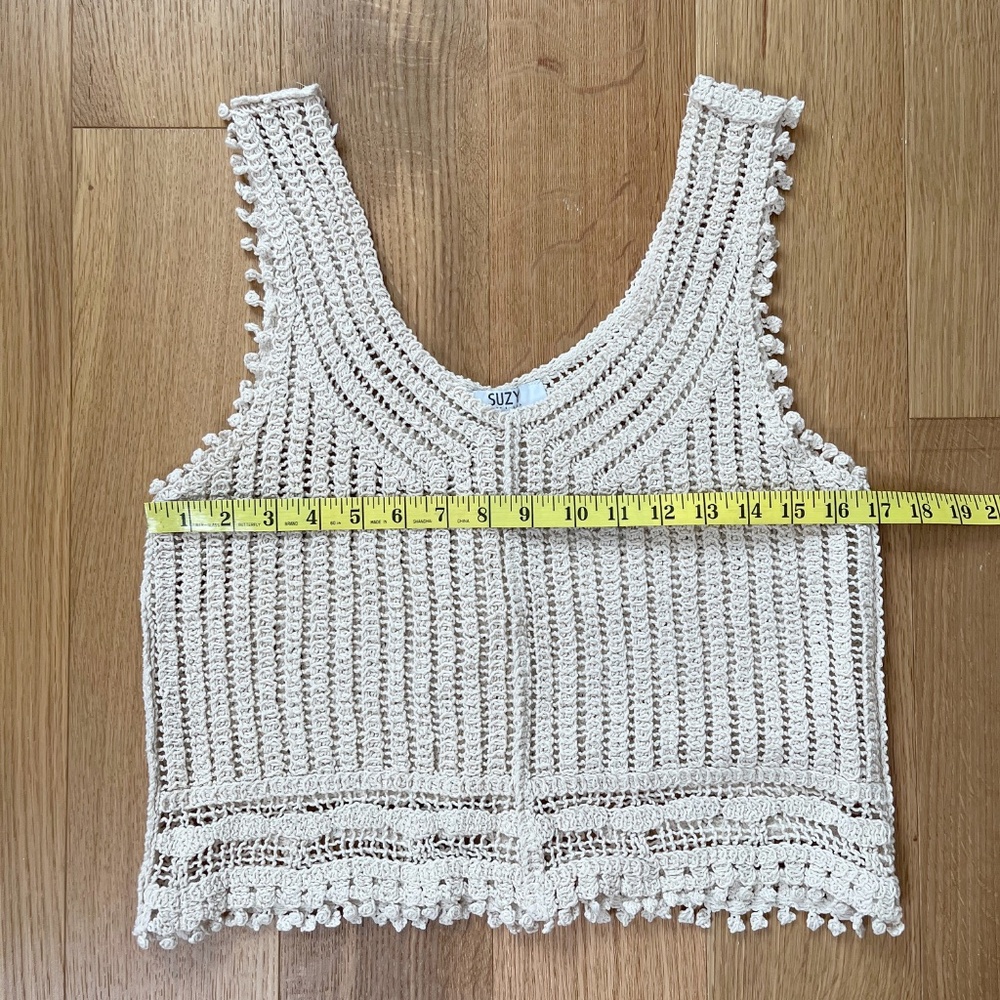 Crocheted Lacy Fringed Cotton Cropped Tank Top in Cream - Picture 6 of 7
